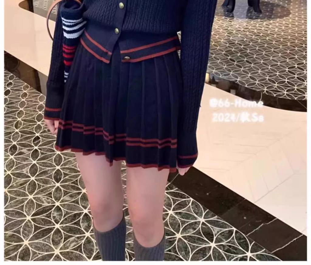 Preppy Two-Piece Knit Cardigan & Pleated Skirt Set with Polo Collar