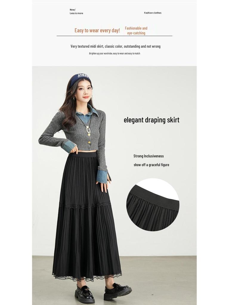 Autumn 2025 Korean-Style Lace Patchwork Pleated Skirt for Women with Elastic Waist