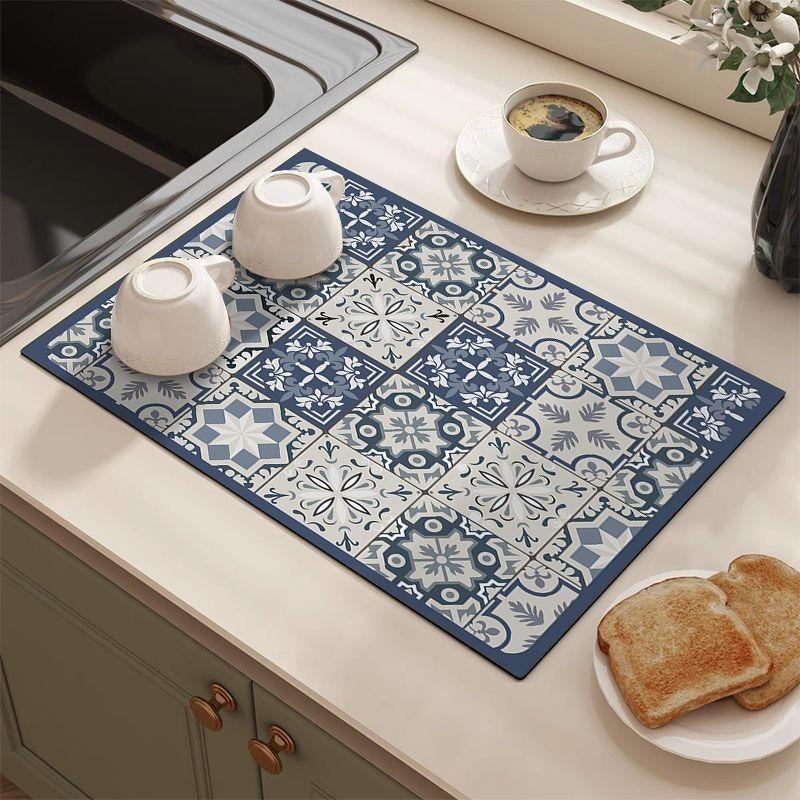 Retro Tile Pattern Absorbent Draining Mat Antiskid Quick Dry Kitchen Coffee Dish Drying Pad Farmhouse Cottage Style