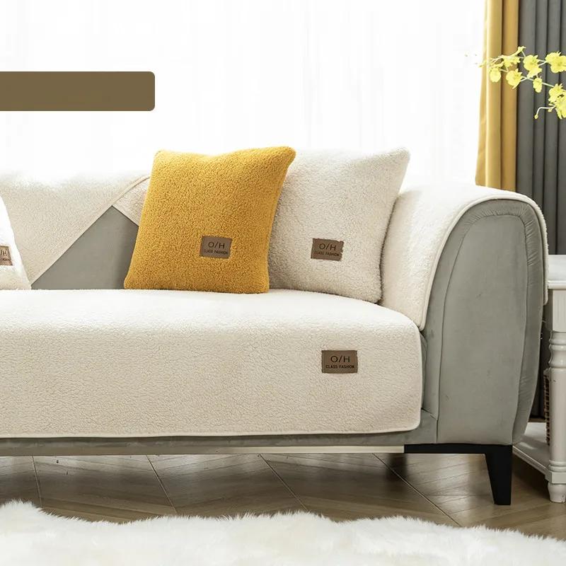 Moderne Winter-Sofakissen, Lammwolle, Sofahandtücher, dicker Plüsch, weich, warm, Sofabezüge, Wohnzimmer, Heimdekoration, rutschfeste Couch-Abdeckung, Sliptowel