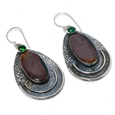 Natural Bloodstone, Diopside Gemstone 925 Sterling Silver Earring 2.44" M8C90