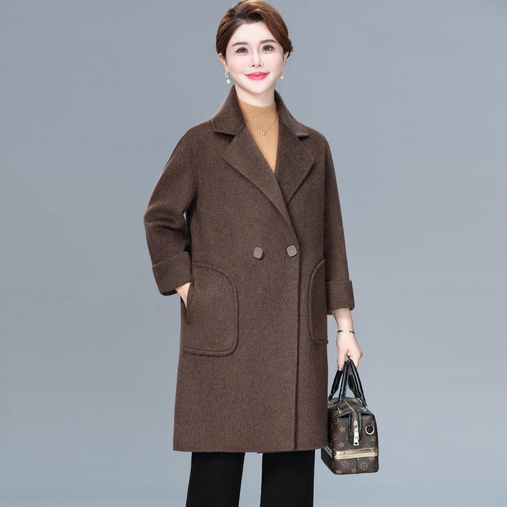 Mom's Stylish Mid-Length Double-Faced Cashmere Wool Coat for Autumn & Winter - High-End, Loose Fit for Middle-Aged Women