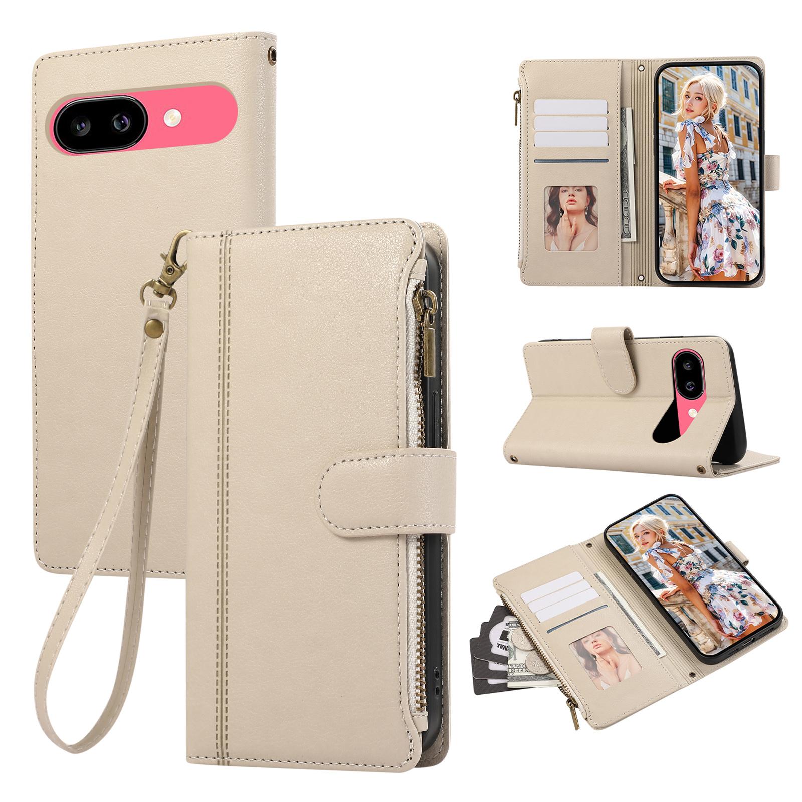 

For Google Pixel 9a Case Multi Card Slots Zipper Leather Phone Cover with Wrist Strap Beige
