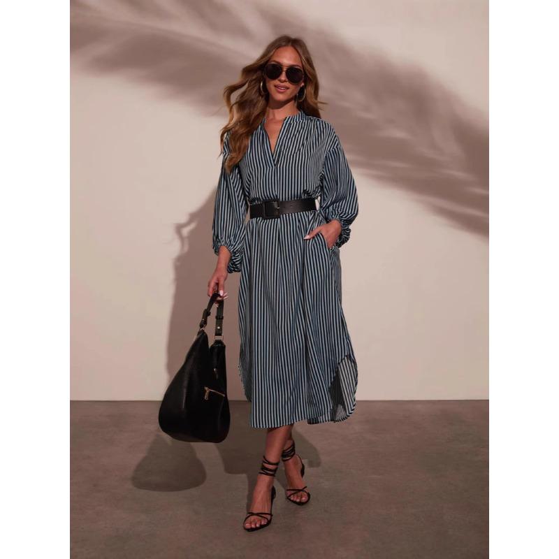 

2025 spring autumn Elegant stripe Women s Long Dresses With belt long Sleeve V-neck casual oversized irregular Dress Female Robe XXL