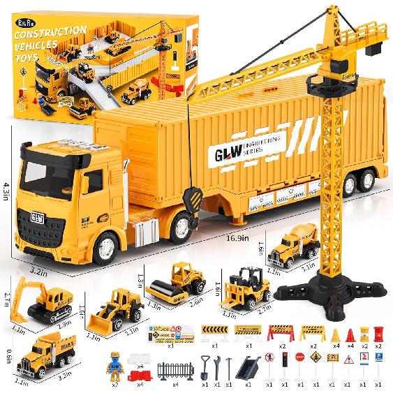 Kids Construction Toys, Construction Truck Toys Set w/Crane, Excavator, Forklift,Bulldozer,Dump Trucks,Cement Truck,Road Roller, Alloy Construction