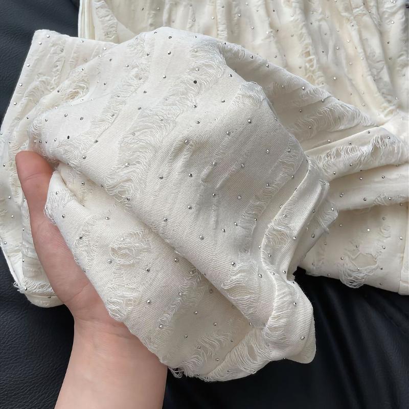 Off - White Roztrhané a kamínky zdobené ležérní kalhoty pro ženy - Jarní/podzimní splývavé zeštíhlující ležérní kalhoty po zem se širokými nohavicemi