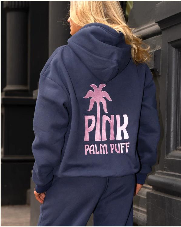 Women's Hooded Long Sleeve Drop Shoulder Pullover Sweatshirt Palm Tree "PINK PALM PUFF" Back Letter Print Casual Hoodie
