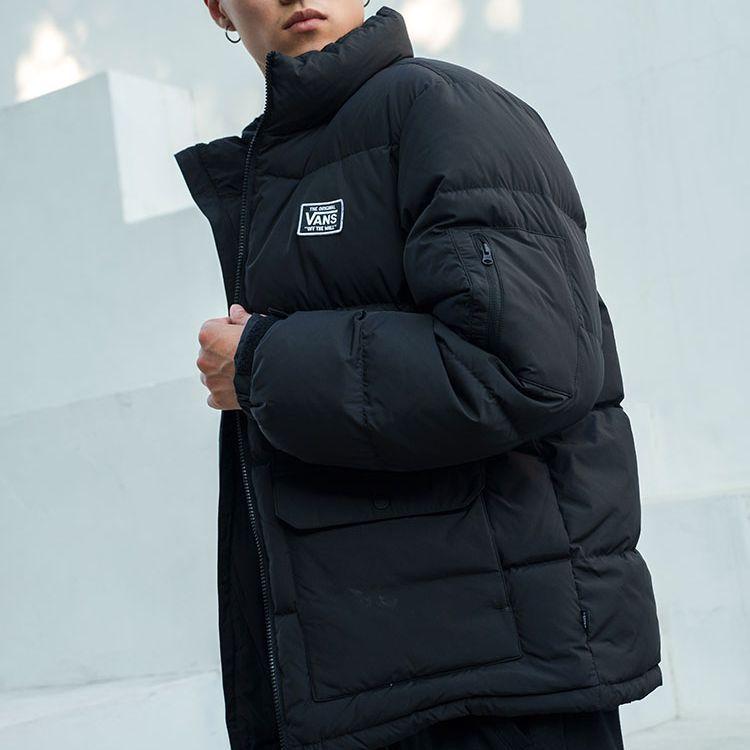 Vans FW22 Solid Color Logo Print Zipper Stand Collar Loose Down Jacket Unisex Outerwear Black VN000913BLK