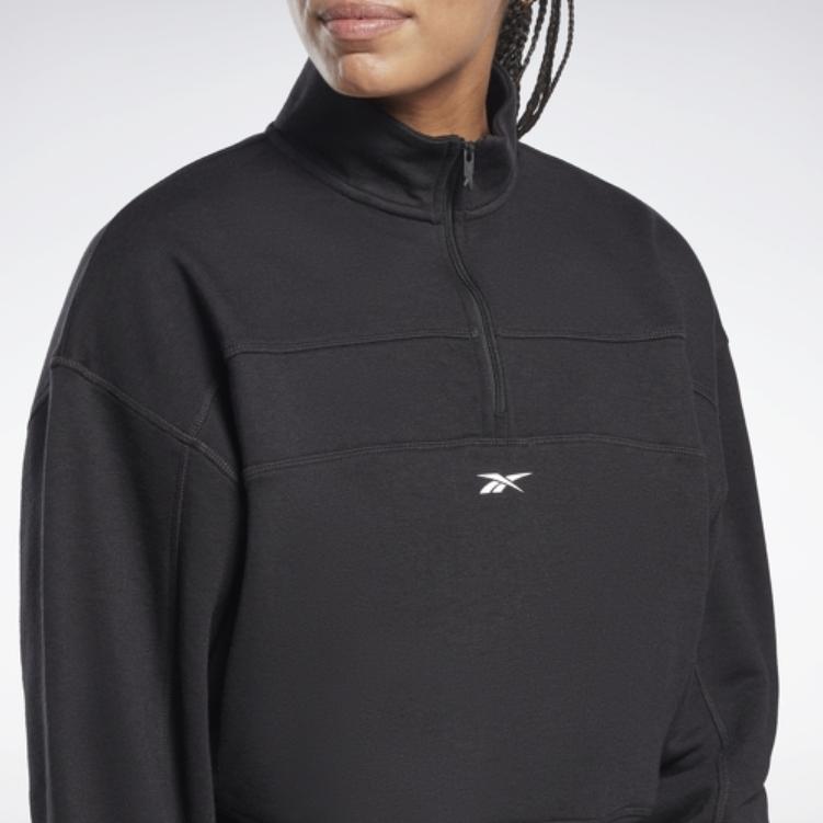 Reebok Half Zip Solid Color Stand Collar Short Sports Sweatshirt Women Sweatshirt Black HT4926
