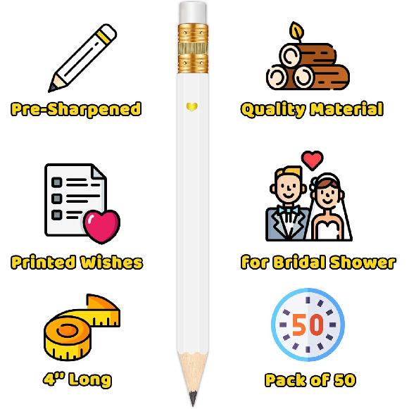 50Pcs - Bridal Shower Sharpened Half Pencils with Erasers, Pre-sharpened Pencils for Bridal Shower & Wedding Games, 4 Inches (White - Miss to Mrs.)