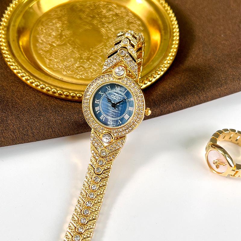 Light Luxury Medieval Full Diamond Women'S Watch Niche High-End Blue Fritillary Small Exquisite Gold Quartz Watch