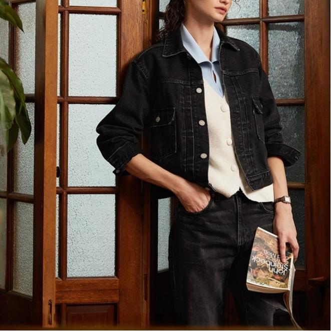 Levis Lapel Single-Breasted Short Fashion Versatile Long Sleeve Denim Jacket Women Jackets Black A5884-0002