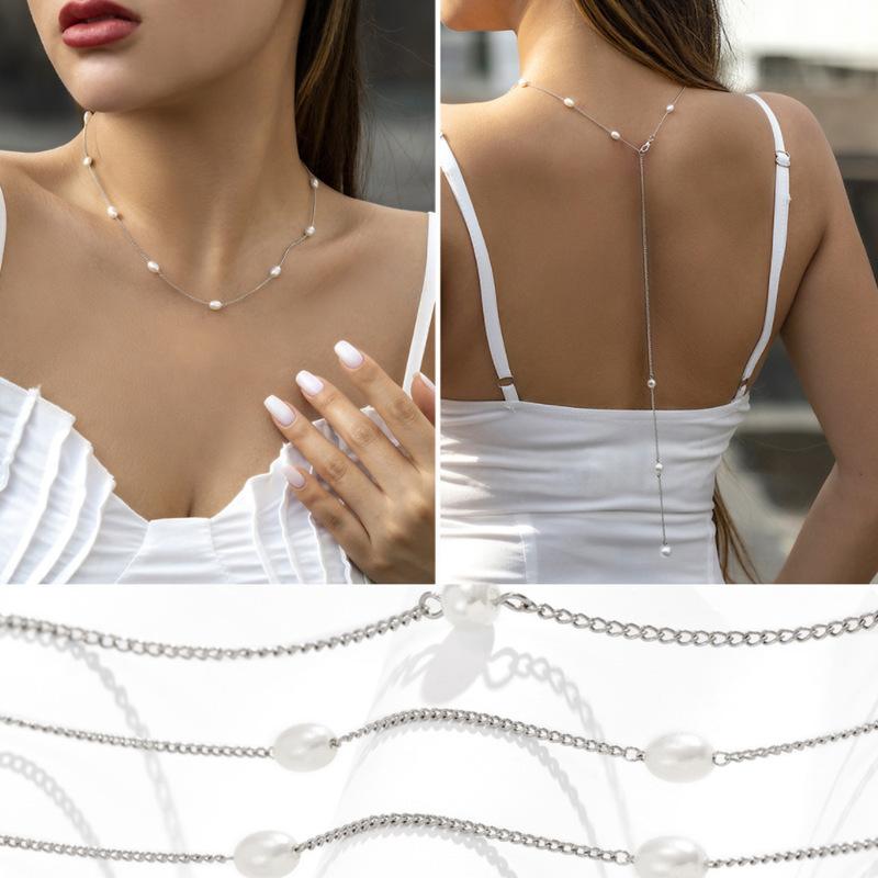 Fashion Beach Sexy Ladies Back Chain, Geometric Imitation Pearl Tassel Body Chain Necklace
