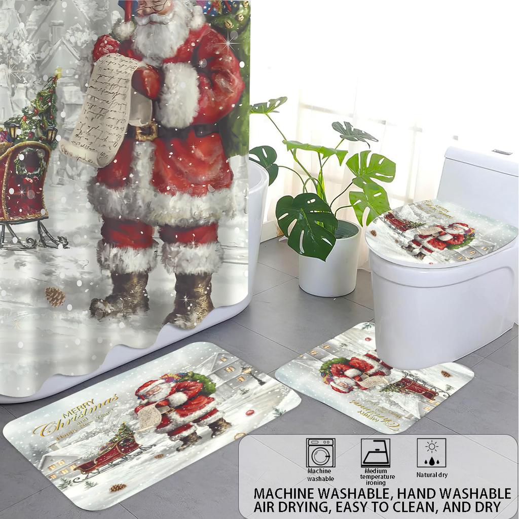 4pcs Merry Christmas Santa Claus Printed Bathroom Set 180x180 Waterproof Shower Curtain Floor Mat Toilet Mat U-shaped Mat