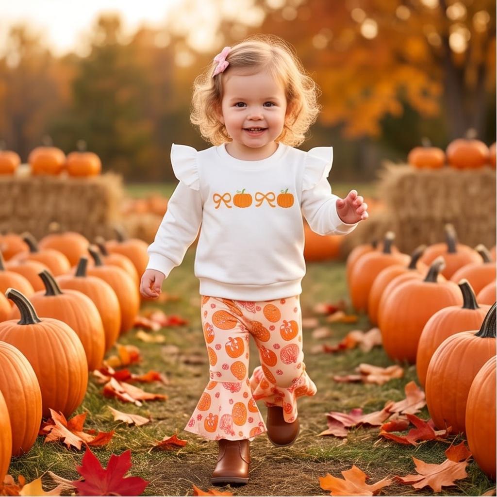 Kleinkind Mädchen Halloween Kürbis Stickerei Langarm Rundhals Pullover Sweatshirt und Elastische Taille Ausgestellte Hose Set