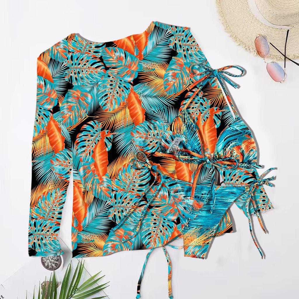 New Print Mesh Sun Protection Three-Piece Bikini Swimwear