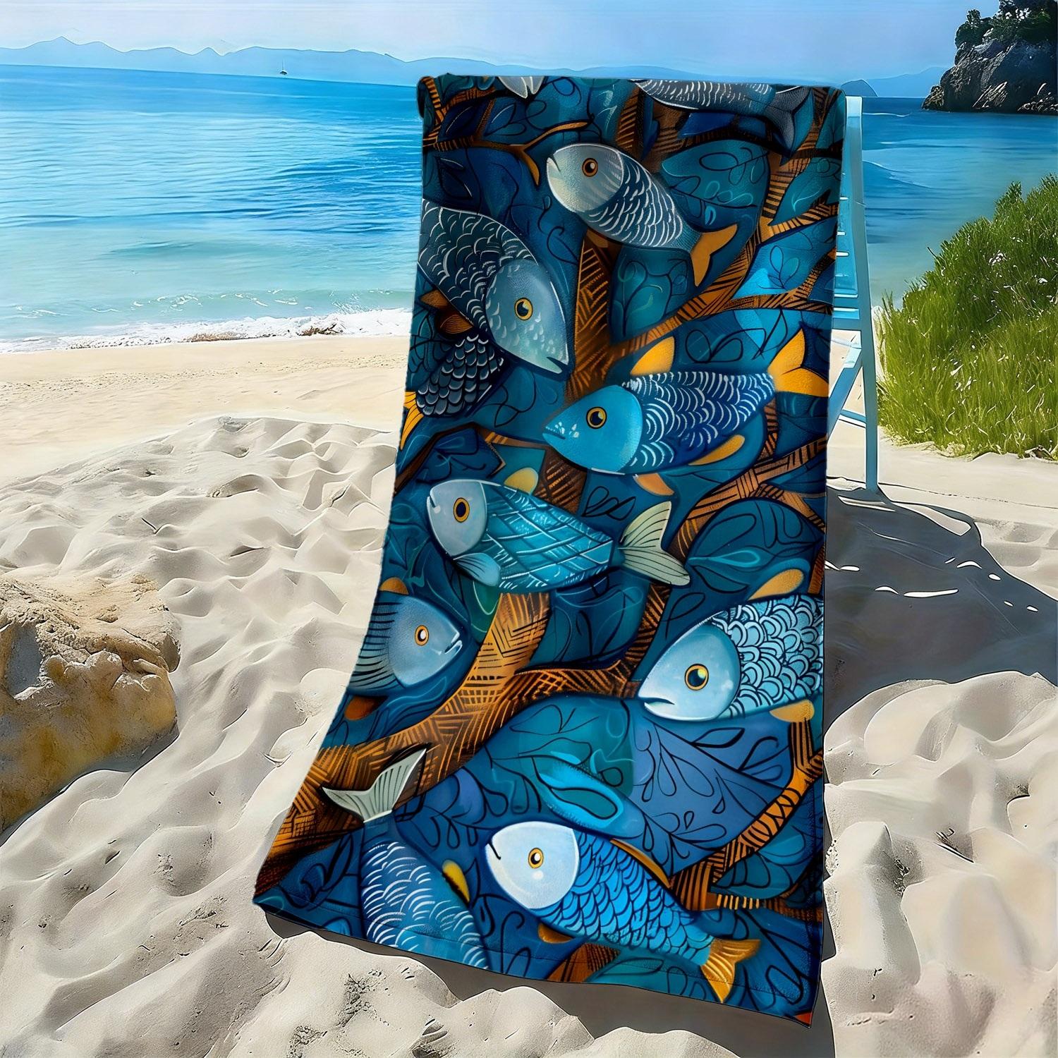 

Watercolor pattern of blue fish schools polyester microfiber beach towel is highly absorbent, suitable swimming beach outings W40*H60(CM)