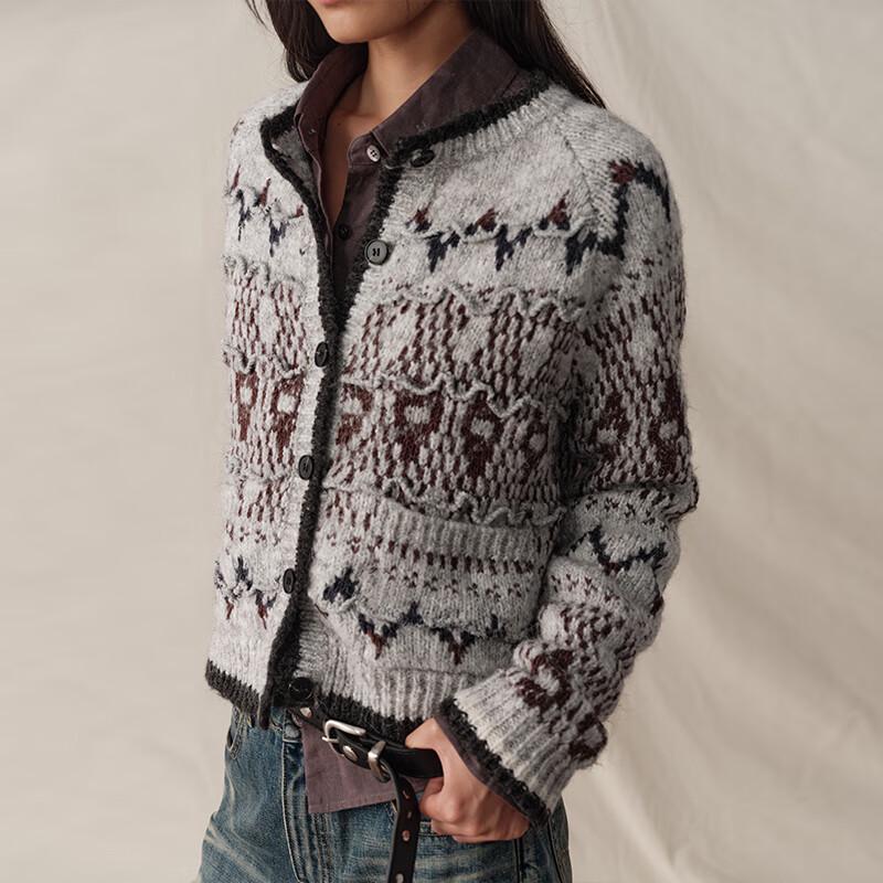 GREEN BELT Fair Isle Round Neck Cardigan Sweater