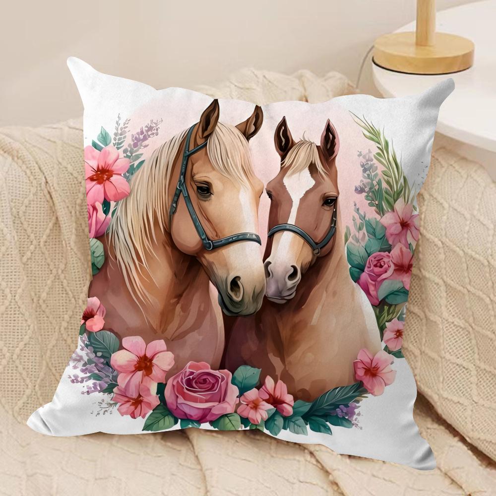 Watercolor Horse  Floral Cushion Cover Soft Plush Fabric DoubleSided Printed Cushion Covers for All Seasons Modern Home Decor