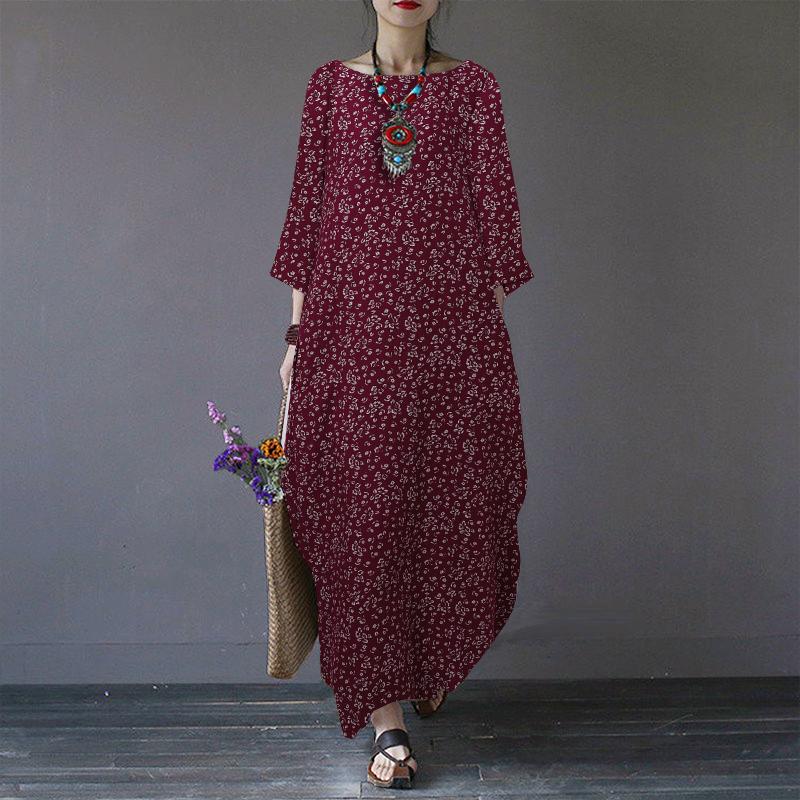 ZANZEA Women Floral Print Casual Round Neck 3/4 Sleeve Cotton Dress