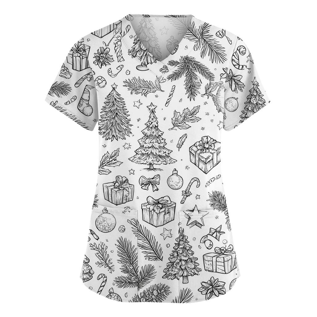 Women's Fashion V-Neck Short Sleeve Overalls With Pockets Print Tops Clothes