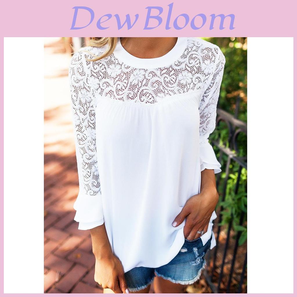 Elegant Chiffon Lace Blouse Loose Fit Pullover Long Sleeve T-shirt For Women