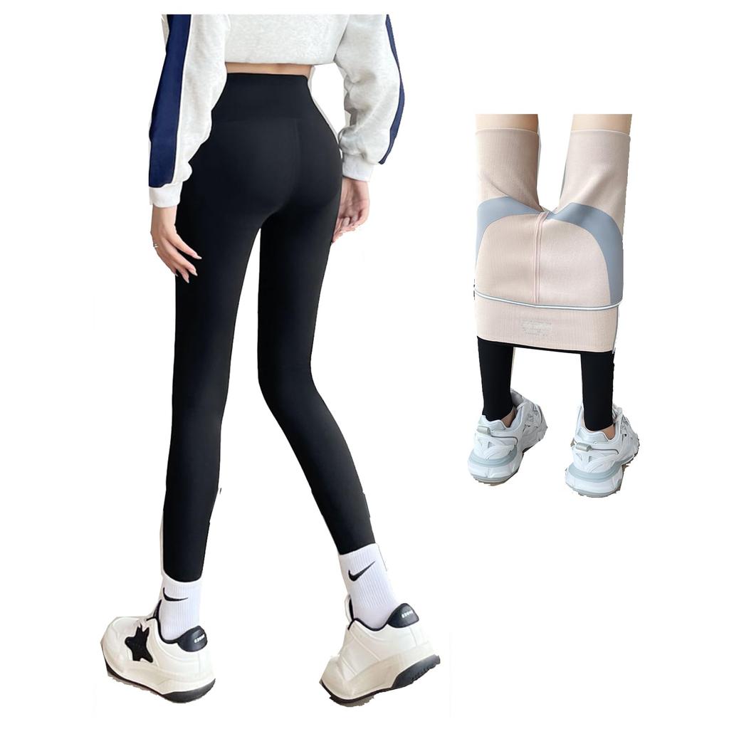 Yuoku Slim Warm for Winter and Fall Black Women's Fleece-Lined Leggings, Stretch, 9-Length Pants, Boa-Lined, Fit, High-Waisted Pants, Thick, (XL,