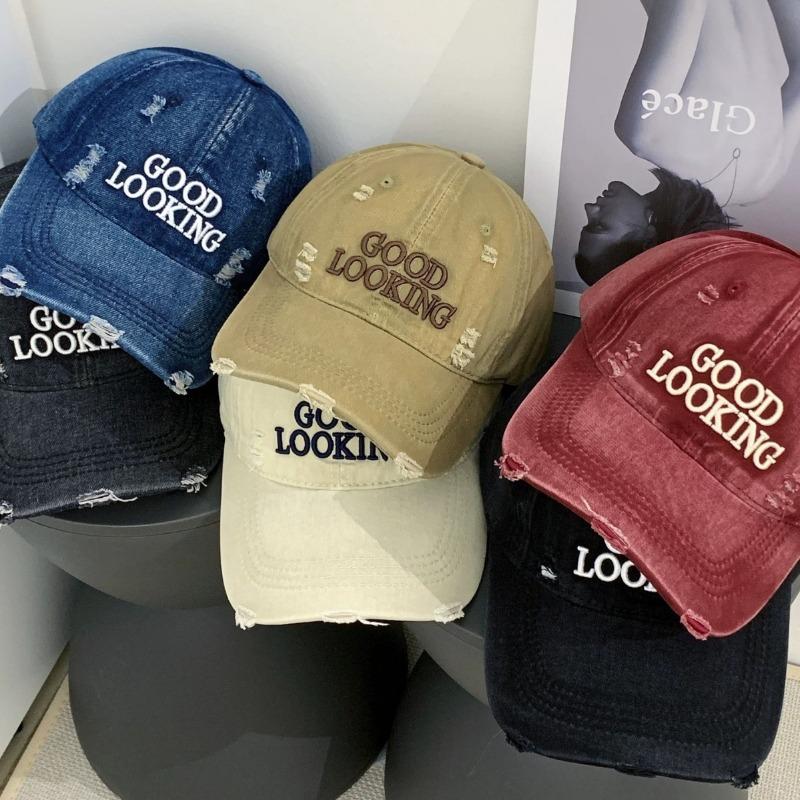 Hole letter embroidery washed baseball cap for men and women, spring and autumn outdoor face small new fashion cap