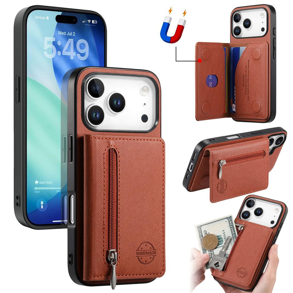 For iPhone 17 Pro Max Case Zipper Card Holder Kickstand Jeans Cloth Texture Leather Back Cover