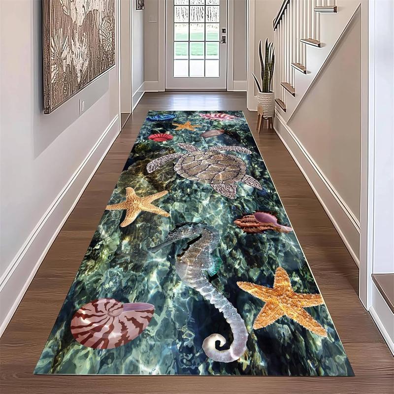 Ocean Theme Runner Rug Whale Shark Turtle Seahorse Jellyfish Print Carpet Colorful Cartoon Illustration Non-Slip Hallway Mat