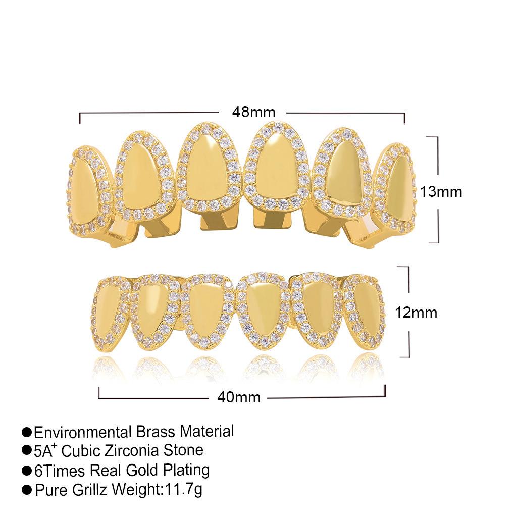 Hip Hop Braces Mirror Grillz Inlaid with Zircon Six Teeth Gold Plated Teeth Braces Halloween Trendy Men's Personality Jewelry