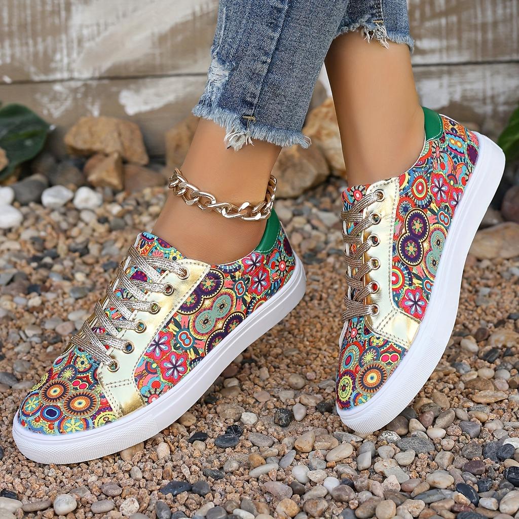 Comfortable Plus Size Women's Fashion Sneakers - Breathable Fabric, Floral Print, Lace-Up Low Tops with Non-Slip PU Cover Sole