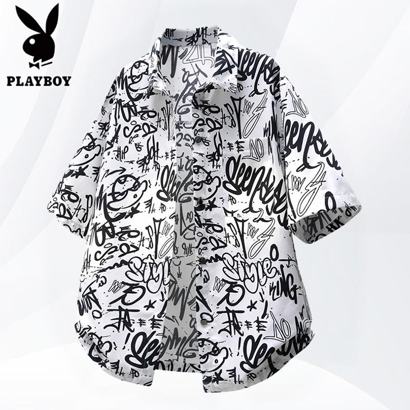 PLAYBOY Men s Ice Silk Short-Sleeve Print Casual Shirt 2XL