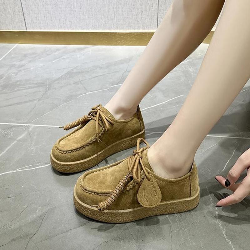 Zapatos para Mujer Mocasines Gamuza Cuero Genuino Estilo Británico Con Cordones Zapatos de Estudiante Mujer Talla Grande Zapatos Clásicos para Mujer