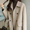 Warm Thickened Woolen Coat for Women Autumn Winter Double Breasted Lapel Flap Pockets Mid Length Loose Fit Overcoat