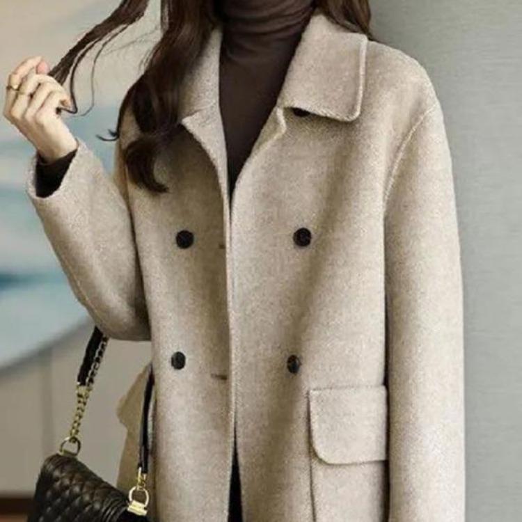 Warm Thickened Woolen Coat for Women Autumn Winter Double Breasted Lapel Flap Pockets Mid Length Loose Fit Overcoat