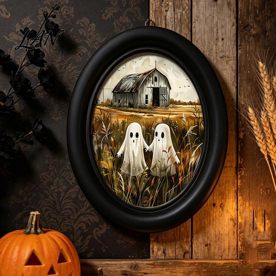Ghost Oil Painting Print Halloween Wall Art, Cute Table Sign, Vintage Oval Framed Decor Picture, Decorative Art for Mantel Living Room Bedroom