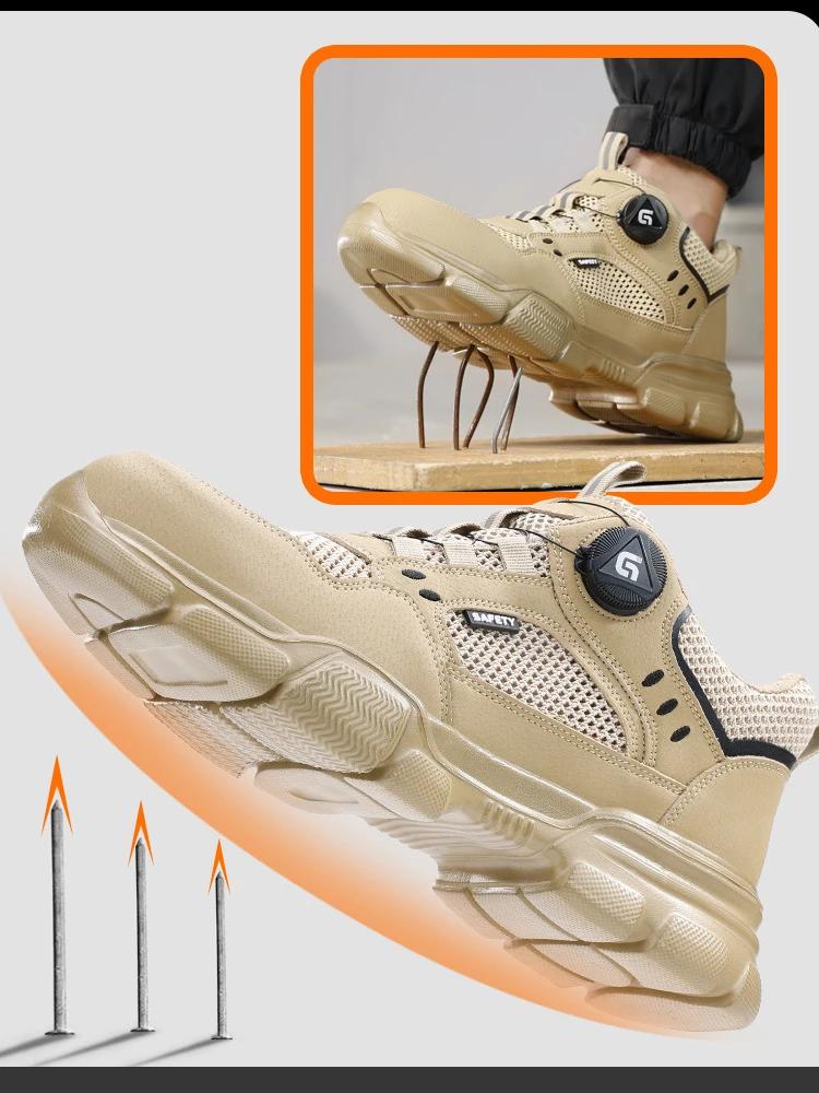 Summer Safety Shoes With Rotary Button Breathable Mesh Work Shoes For Men Anti Puncture Sneakers For Working With Toe Protection