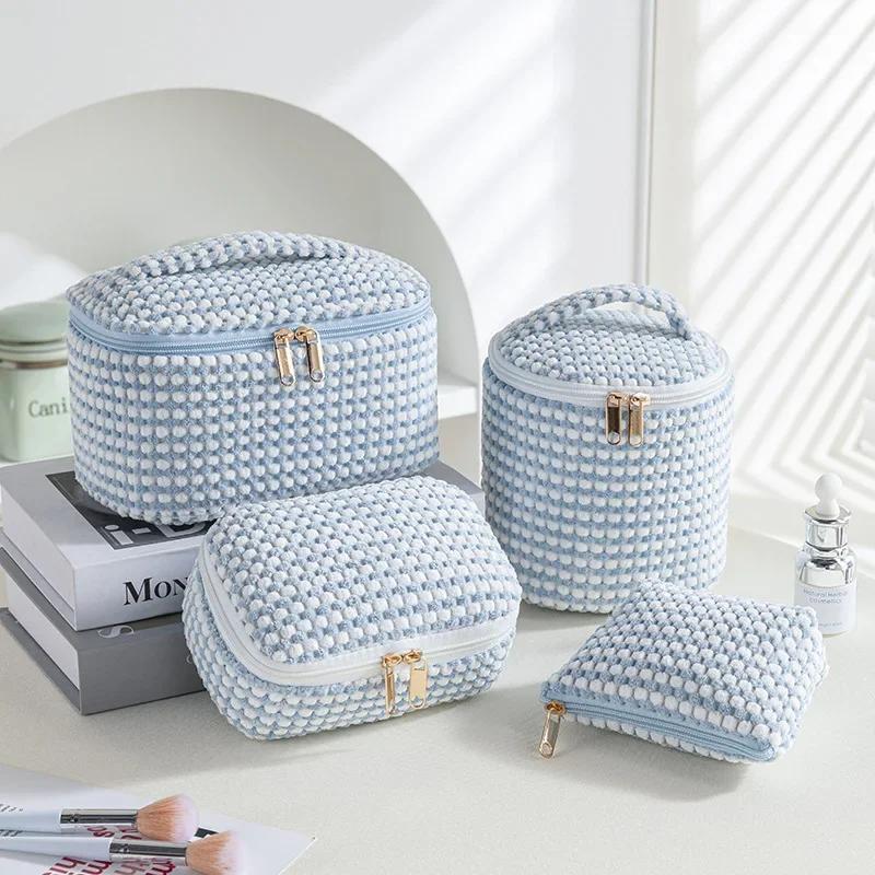 Neue Damen Plüsch Kosmetiktasche Kariert Reißverschluss Kosmetiktasche Box Tragbare Kosmetik Aufbewahrungstasche