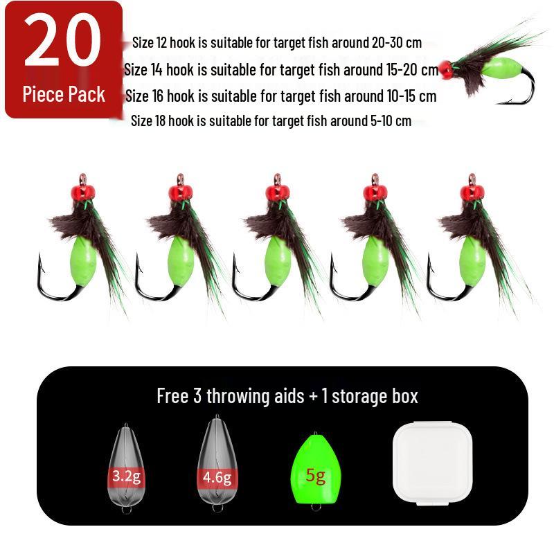 Set de Anzuelos Luminosos para Mosquitos y Moscas: Montaje de Jurel Rayado Blanco con Señuelo de Pluma y Cebo Imitación Semilla de Melón