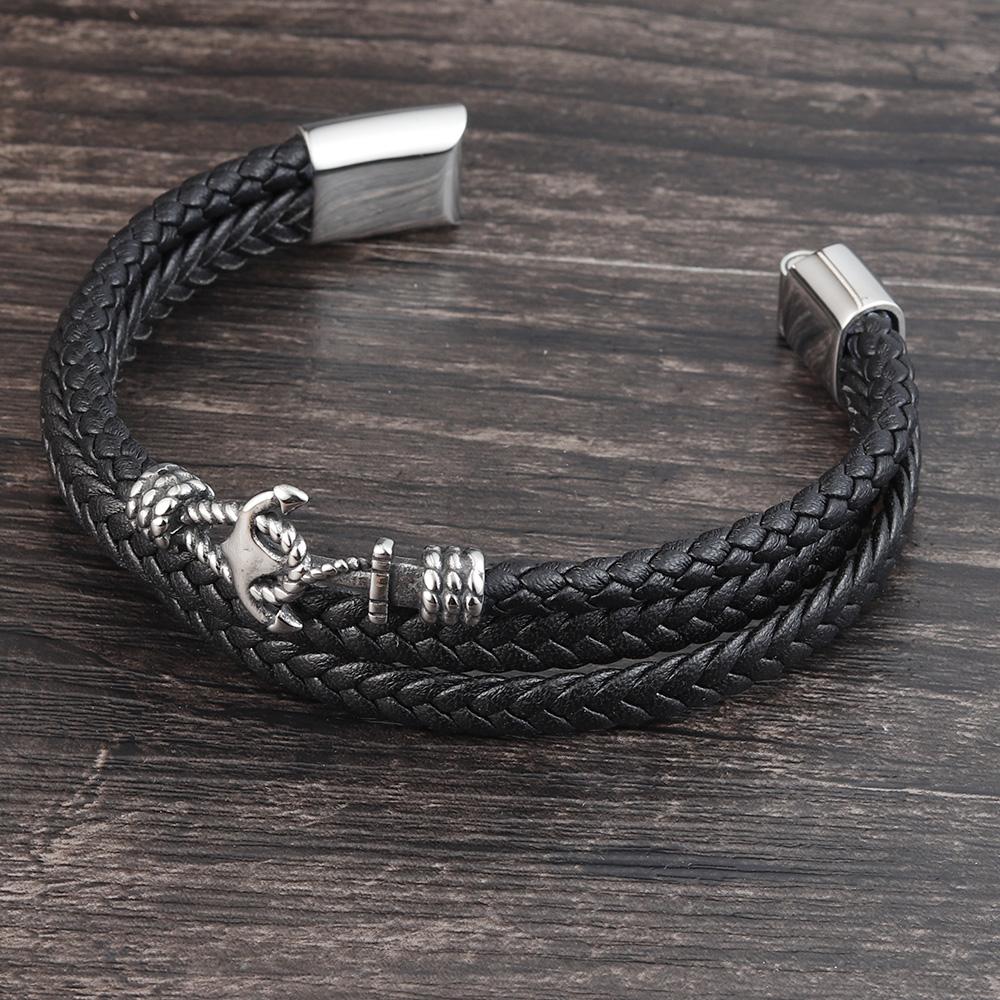 2019Fashion Stainless Steel Anchor Bracelet Men Black Braided Cowhide Leather Rope Bracelets Wrap Punk Charm Jewelry