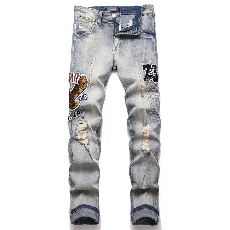 Men's Embroidered Ripped Jeans - American Style Slim Straight, High Street Fashion, Elastic Casual Long Pants