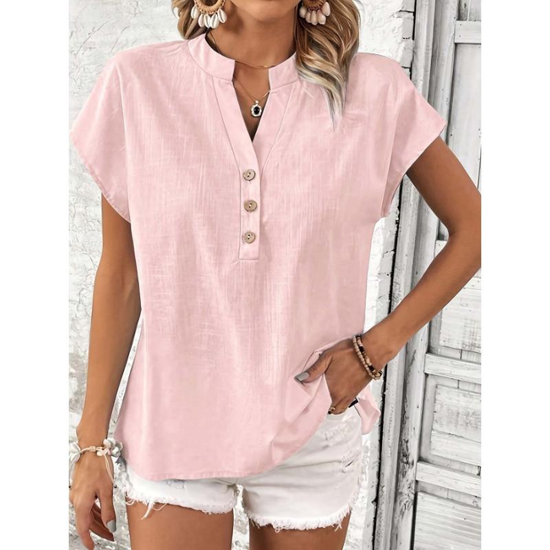 Summer Short Sleeve Loose Women Blouse New V-neck Button Retro Cotton Shirts Office Casual Simple Tops Shir… More
