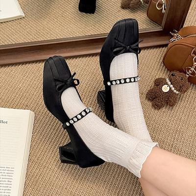 Sapatos femininos retrô estilo bailarina de boca leve salto grosso sapatos únicos 2025 novo primavera e outono com saia bico quadrado sapatos franceses Mary Jane