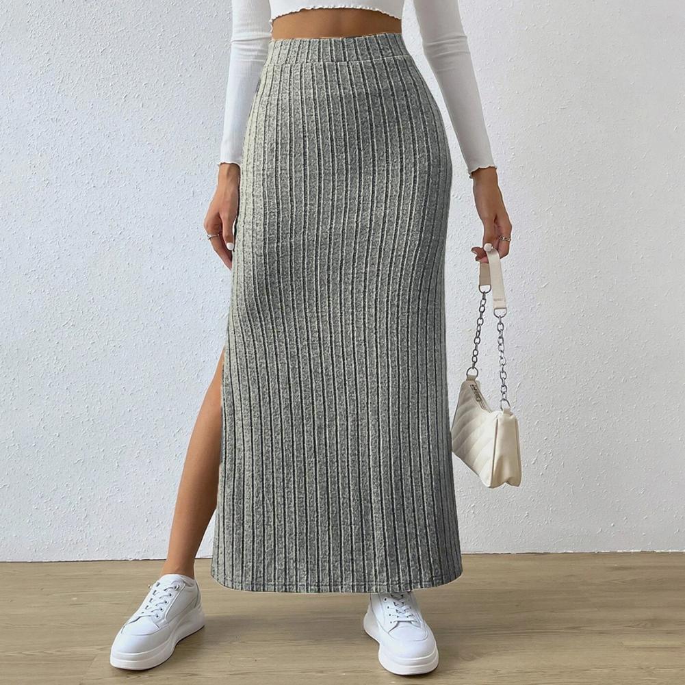Slim Fit Women Skirt Elegant Womens High Waisted Maxi Skirt with Side Slit Ribbed Knitting Design One Tone Slim Fit Long for A