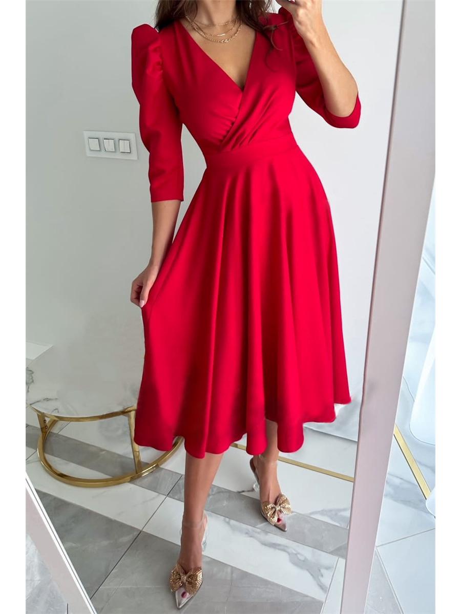 

Женское осеннее платье 2022 года однотонное расклешенное с драпировкой на талии и рукавами семь восьмых XL