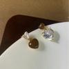 French Brown Zirconia Heart Earrings: Maillard Asymmetrical Simple Studs