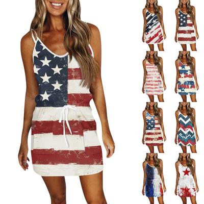 Women's Fashion Summer Independence Day Printed Loose Sleeveless  Pocket V-Neck Dress
