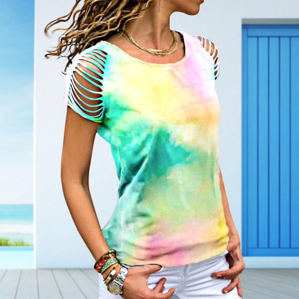 Womens Vibrant Tie-dye Printed Tops Casual Short Sleeve Blouse Perfect For Summer