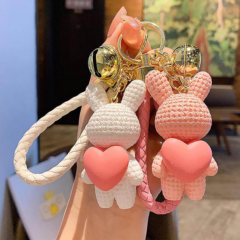 Peach Heart Woven Love Rabbit Key Chain Couple School Bag Car Key Chain Pendant